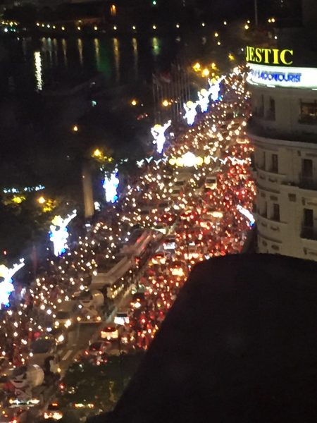 Vietnam won the semi-final soccer game against South Korea. The city went wild with everyone grabbing their national flag and getting on their motor scooters. Party went on well past midnight!
