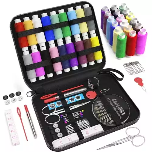 Coquimbo Sewing Kit Gifts for Grandma, Mom, Friend, Adults Beginner Kids Traveler, Portable Sewing Supplies Accessories with Case Contains Thread, Needle, Scissors, Measure Tape, Thimble etc(Black, M)