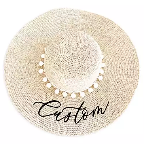 Personalized Beach Hat | Custom Tan Hat with White Poms | Women’s Floppy Hat | Mrs Honeymoon Foldable Sun Hat for Bride